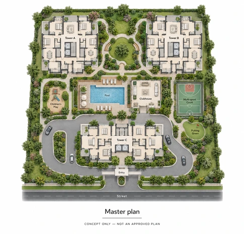 Raymond Invictus Mahim master plan showing the towers, landscaped areas and amenity zones at Mahim West